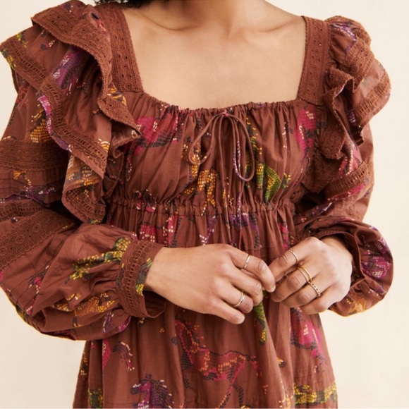 FARM RIO Dotted Horses Elegant Brown Ruffled Maxi Dress Size Medium - Picture 4 of 9